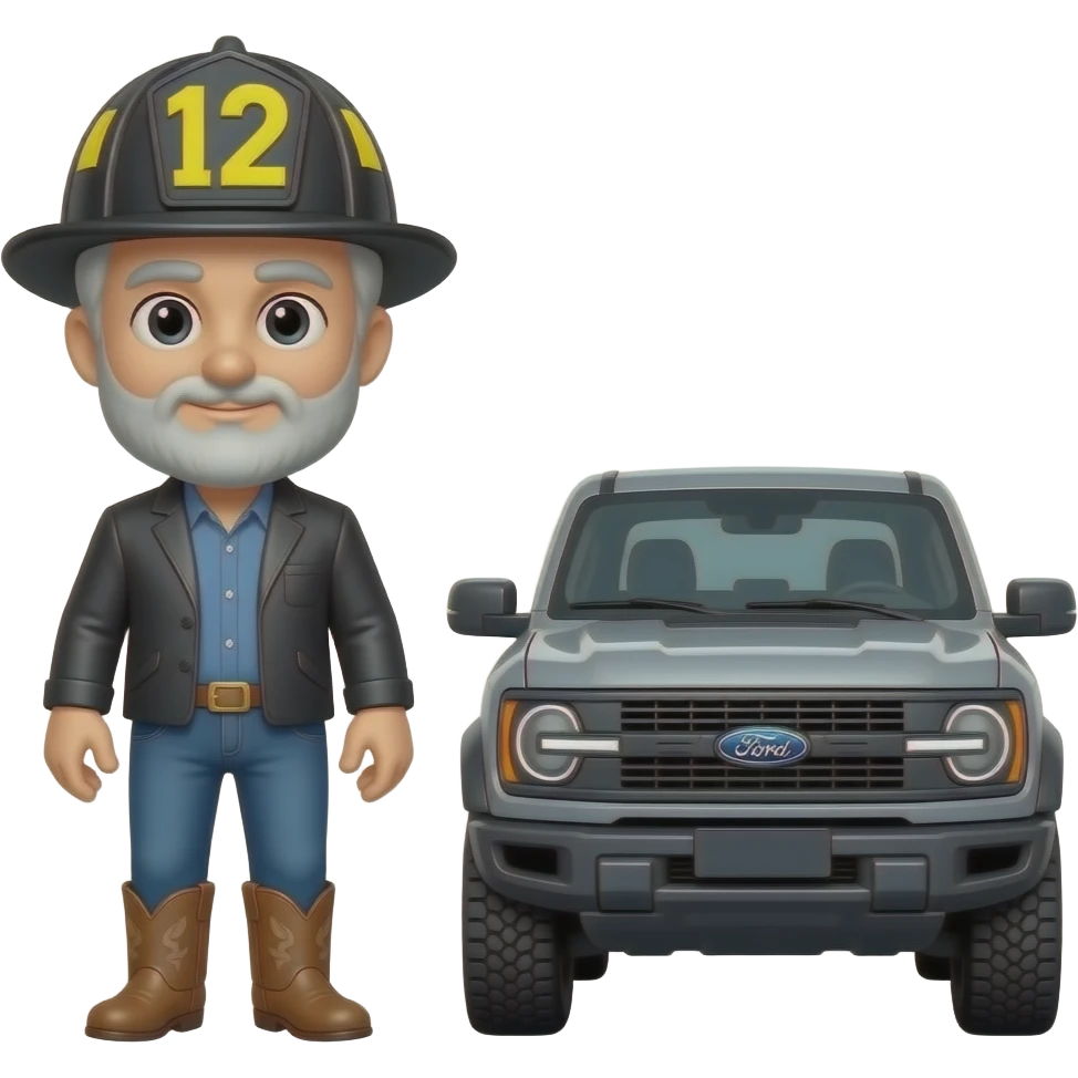 Ford bronco Cartoon emoji-style grey haired man in jeans, cowboy boots, and a firefighter helmet with 12 on the front standing next to marsh gray colored 2025 ford bronco emoji