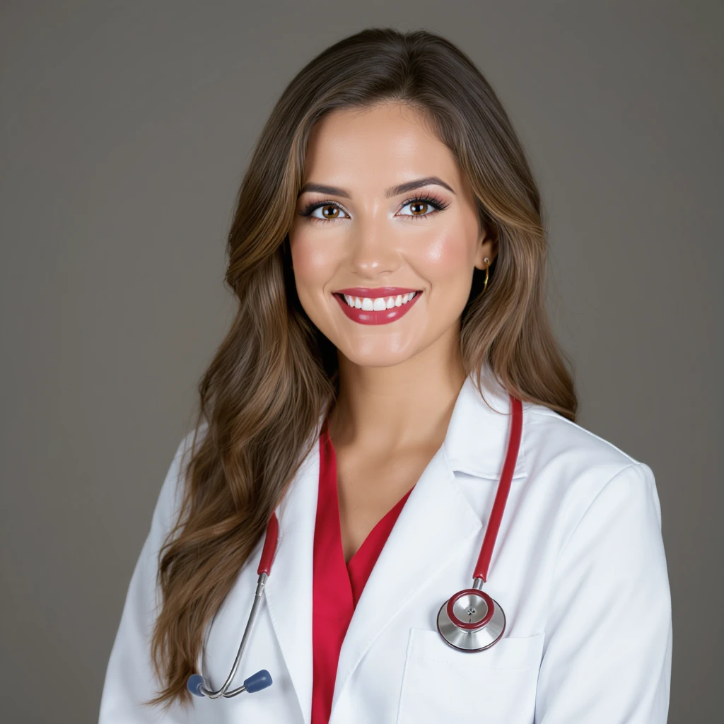 white-skinned female doctor with long wavy brown hair, wearing a white coat, red shirt underneath, red stethoscope around neck, professional illustration style emoji