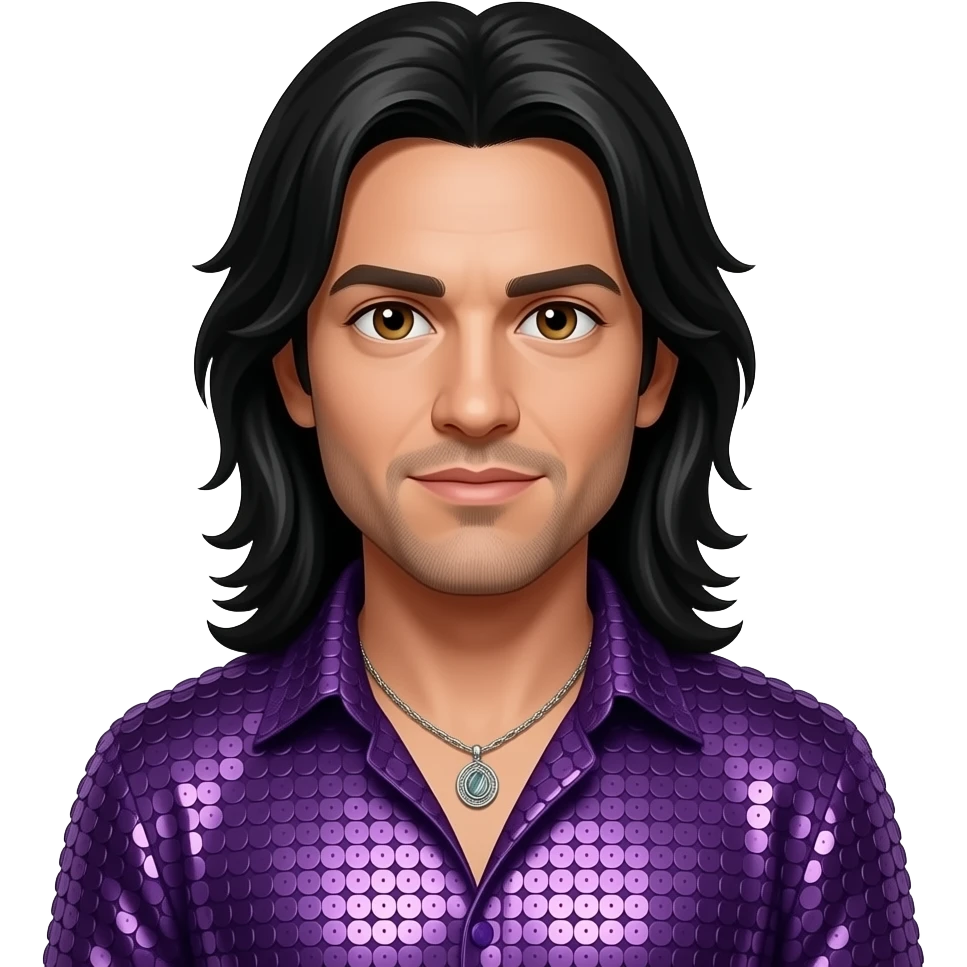Jonathan Davis with brown eyes, long black hair, purple sequin shirt, purple sequin long kilts, necklace emoji