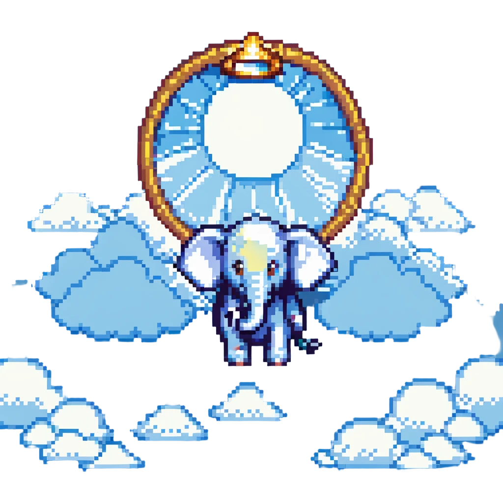 an elephant in heaven, pixel art style, with clouds and halo emoji