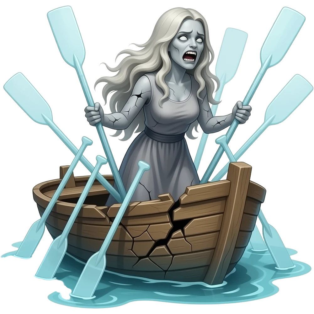 cinematic realistic - a broken boat with a terrifying female apparition around which flutters transparent larger oars emoji