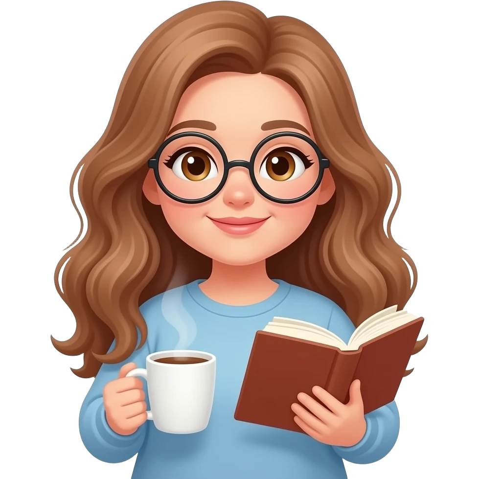 detailed emoji illustration of a curvy woman with long light brown wavy hair, light brown eyes and round glasses holding a book and a hot drink, relaxing reading break, cozy vibe, cute emoji style emoji