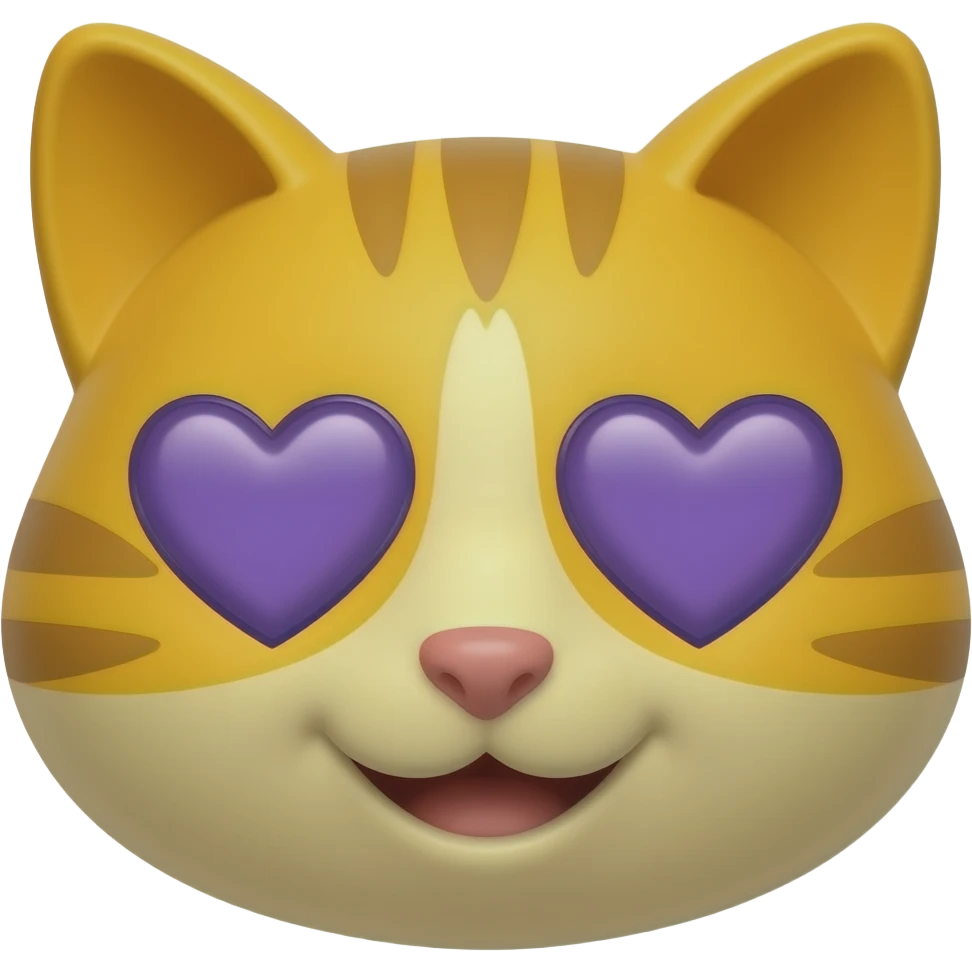 3D Classic  Yellow Cat face with Purple Heart Shaped eyes smiling no nose emoji