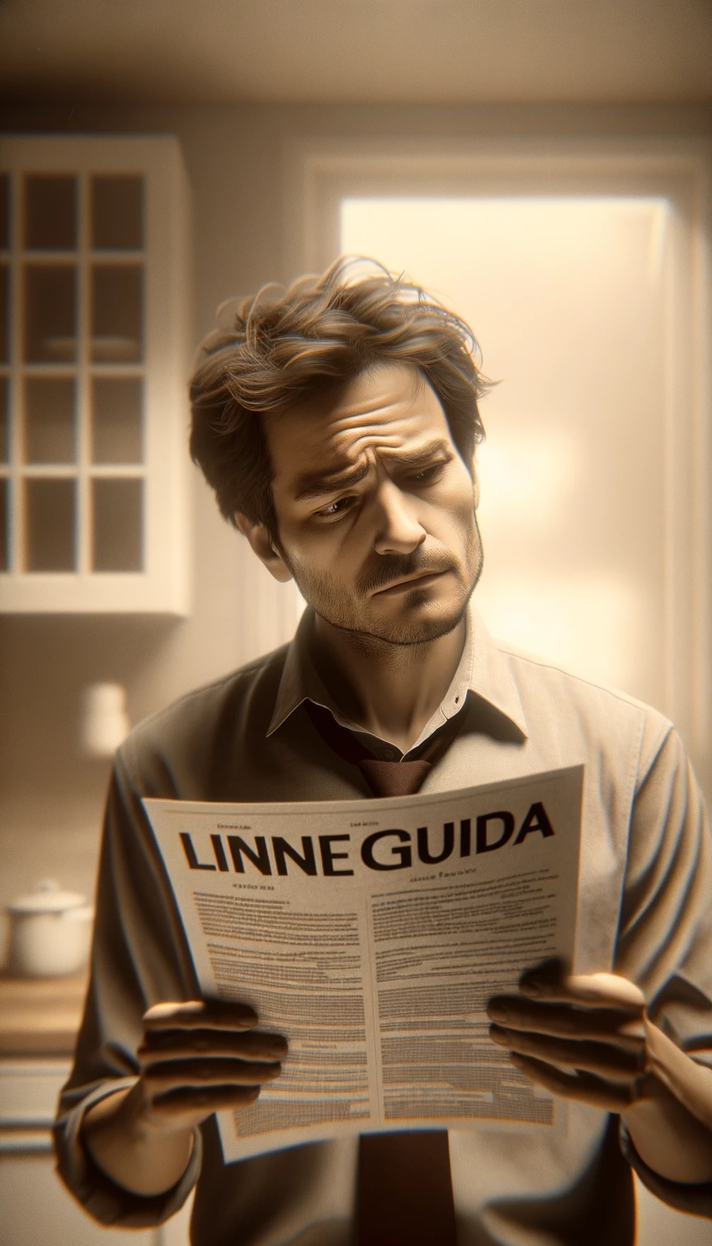 UOMO che legge DUBBIOSO un foglio con la scritta "LINEE GUIDA" IN ITALIANO, sullo sfondo la sua cucina sfocata con toni chiari neutri, iperrealistico 4k emoji