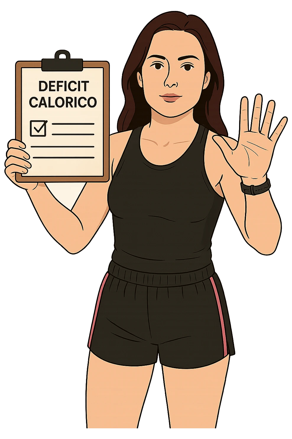 Donna con in mano una dieta con scritto "Deficit Calorico" emoji