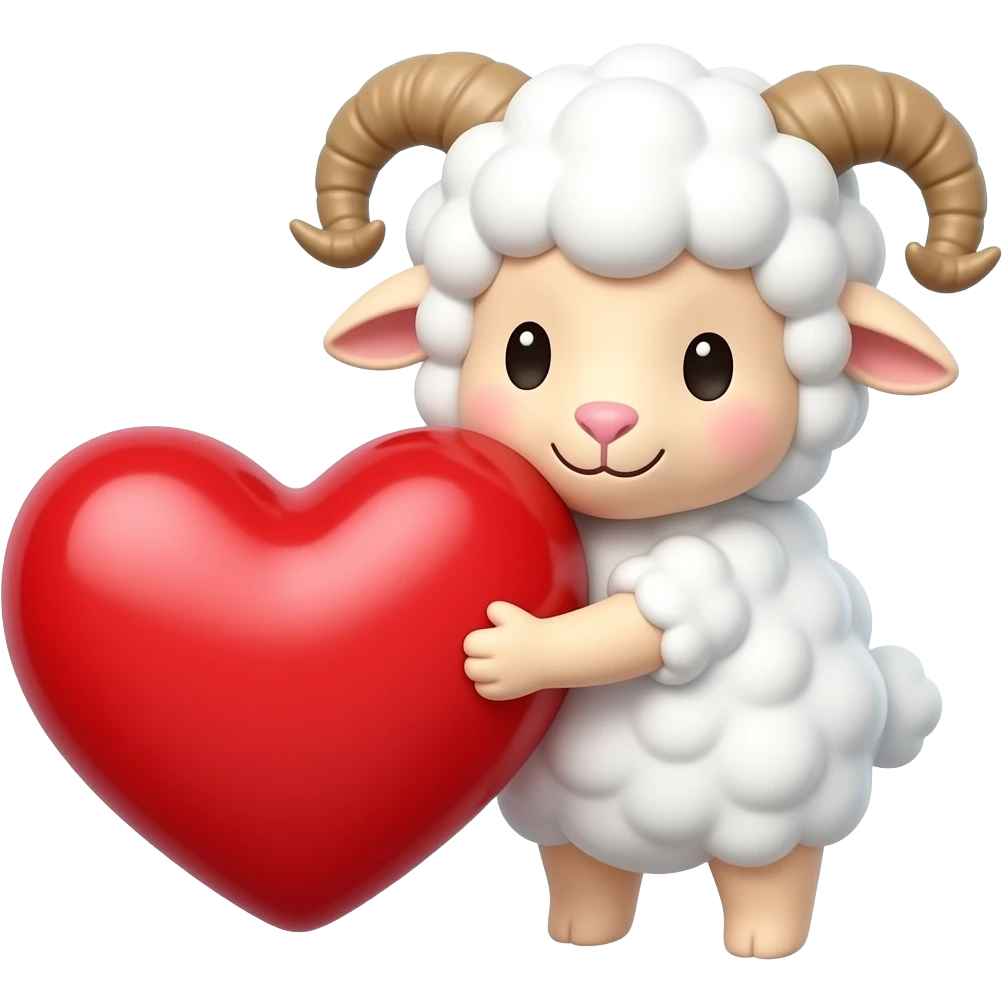 Cute ram with horns emoji hugging a large red heart, close-up emoji