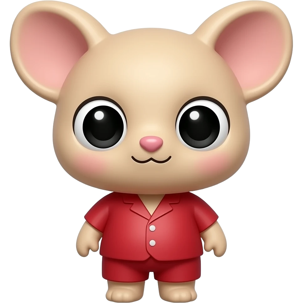 3D emoji style original character, cute small creature with rounded ears, red outfit, glossy texture, soft shadows, Apple style emoji, minimalistic face, adorable and friendly emoji