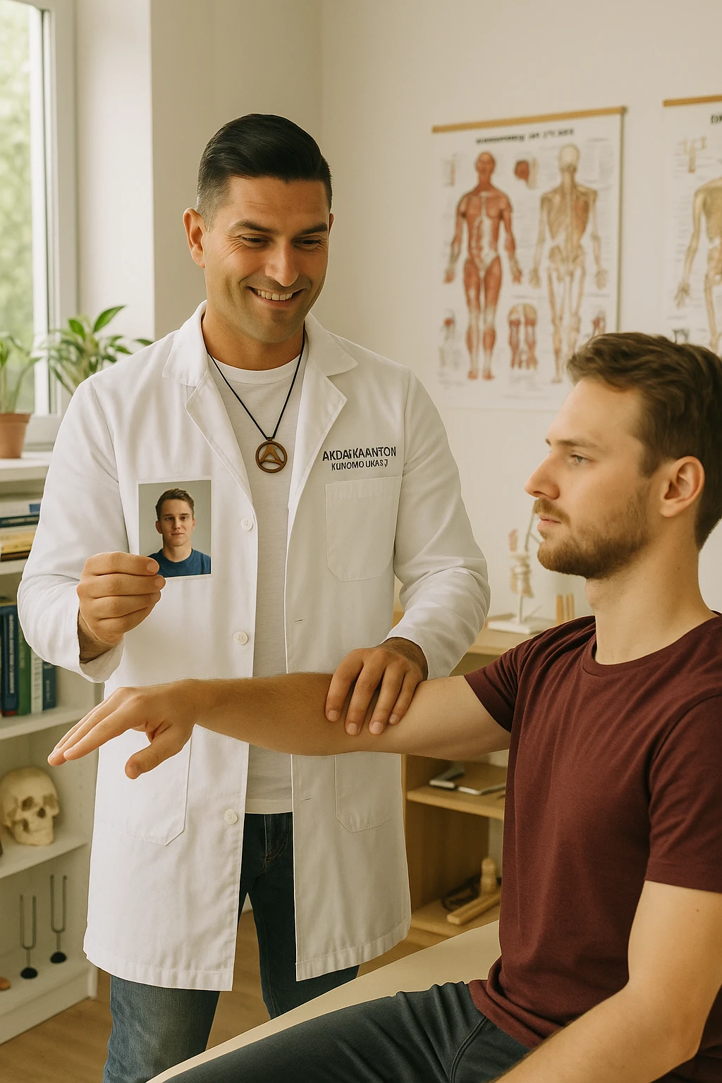 a middle-aged man, dressed in casual professional attire, is in a bright, organized therapy studio. Durante una visita di kinesiologia, il ragazzo tiene con una mano la foto di una persona lontana (il “testimone”) tiene la foto in mano, mentre con l’altra mano esegue un test muscolare su un cliente presente senza foto. Sullo sfondo si vedono libri di kinesiologia, poster anatomici e strumenti tipici della disciplina. L’atmosfera è concentrata e serena, con luce naturale che entra dalla finestra, sottolineando l’aspetto alternativo e umano della pratica. emoji