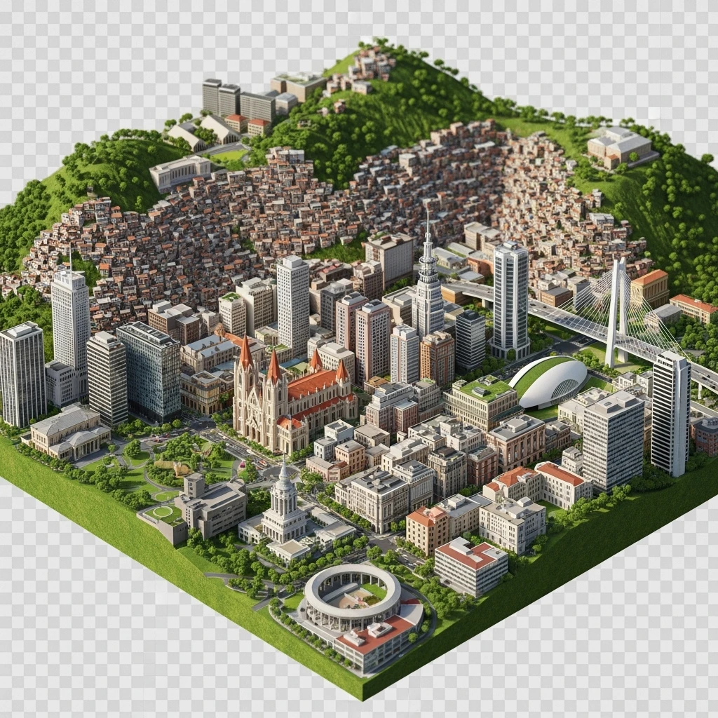Isometric miniature of São Paulo Catedral da Sé, MASP, Octávio Frias Bridge, and Altino Arantes building, favelas on hillsides, dense chaotic urban blocks, and green parks 3D miniature effect and Tilt Shift effect, no cartoonish look, transparent background. emoji
