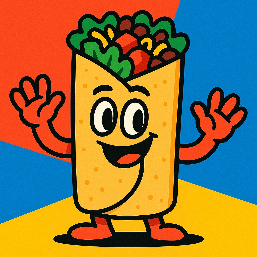 burrito with hands, cartoon style, vibrant colors emoji