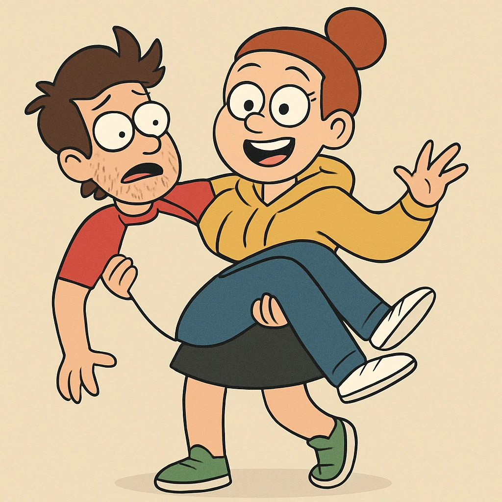 A man Raglan sleeves with Red t-shirts blue jeans white shoes carried by a cute a girl yellow hoodie black skirt green shoe  emoji