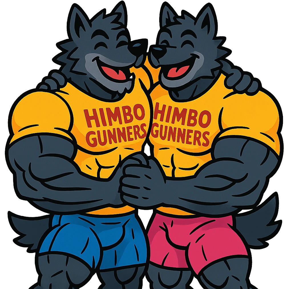pair of ultra-muscular wolf furries wearing 'Himbo gunners' t-shirts, hugging, cheerful and energetic, very large, defined, and detailed muscles, high quality emoji