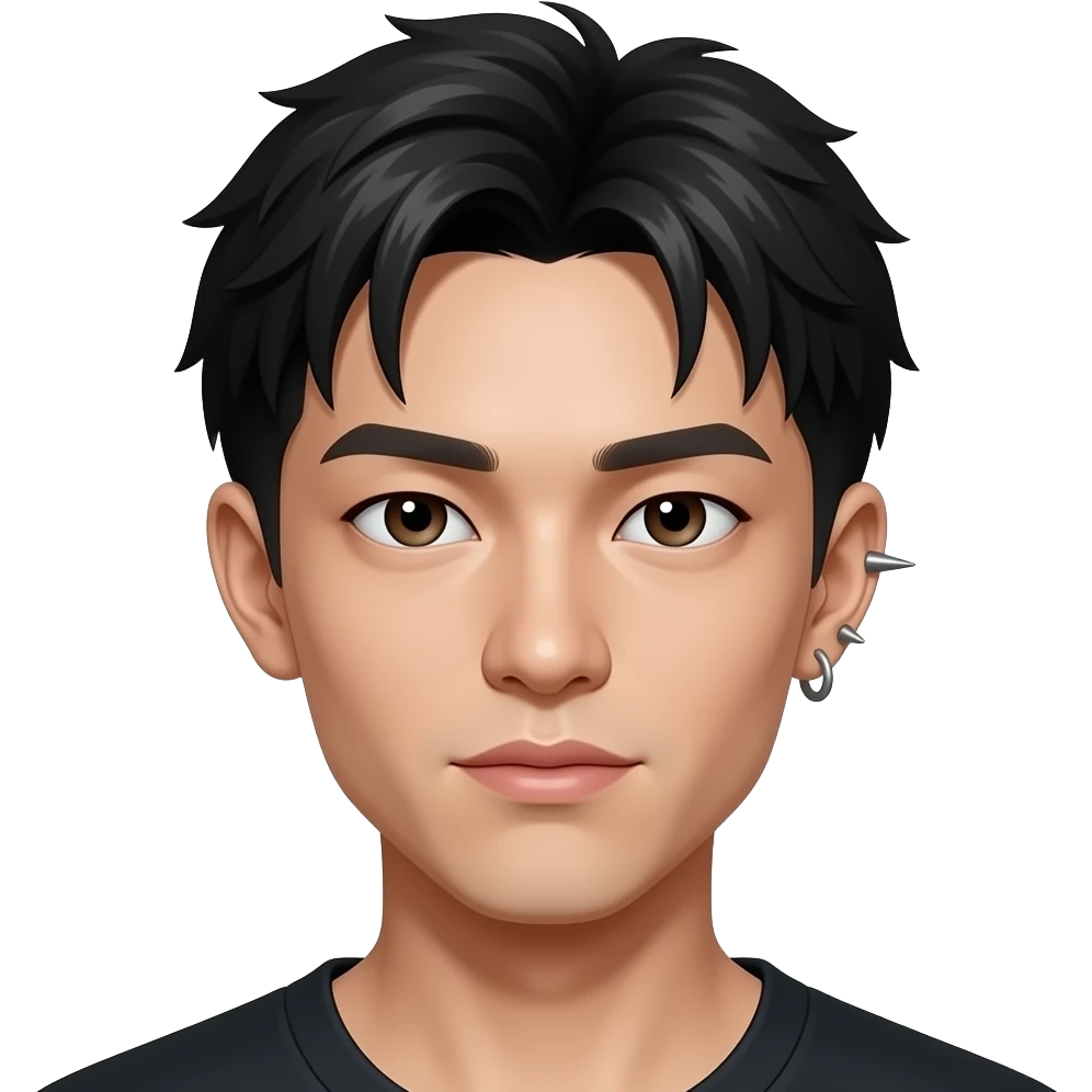 faça um memoji de um jovem com luzes brancas, brinco de cruz no lado direito, piercing na sobrancelha esquerda: a bolinha em cima e spike embaixo, piercing transversal na orelha esquerda, obs: faça ele japonês emoji