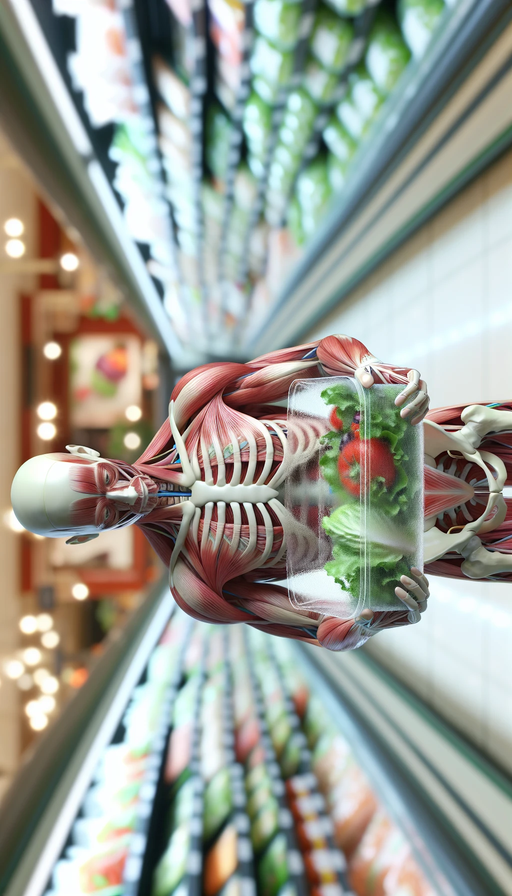 corpo umano anatomico in un supermercato che tiene in mano una busta di insalata di plastica preconfezionata, supermercato sfocato sullo sfondo emoji