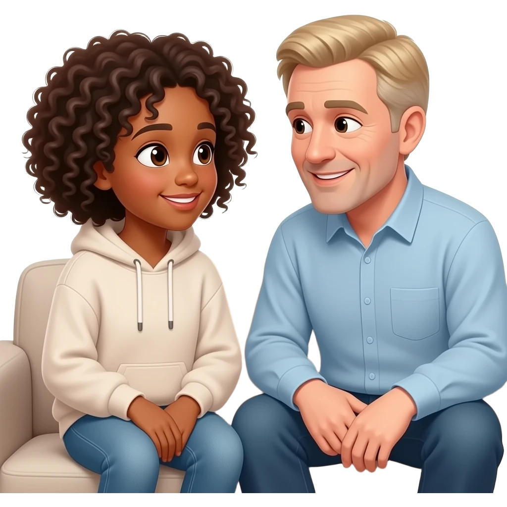A 65-year-old father with blond hair is talking to his teenage daughter with brown skin, brown eyes, curly hair, wearing a large sweatshirt and jeans, sitting on a sofa, looking into each other's eyes. emoji