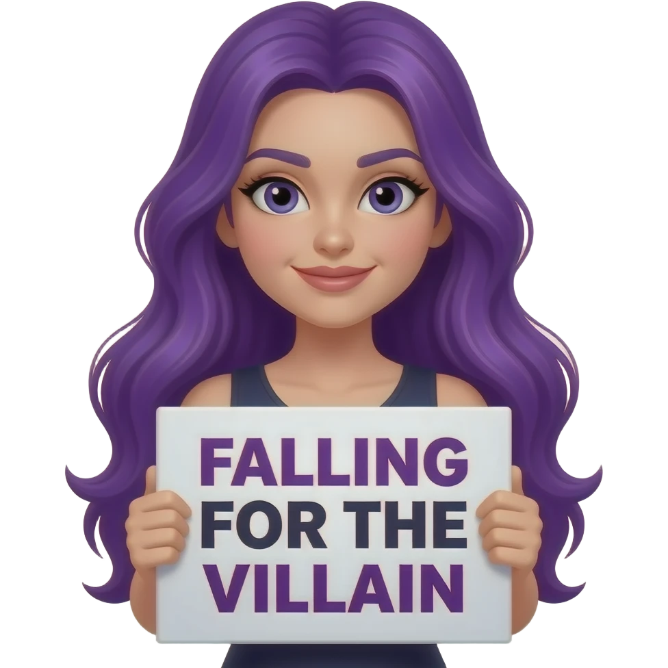 sexy girl with long purple hair holding a FALLING for the VILLAIN sign emoji