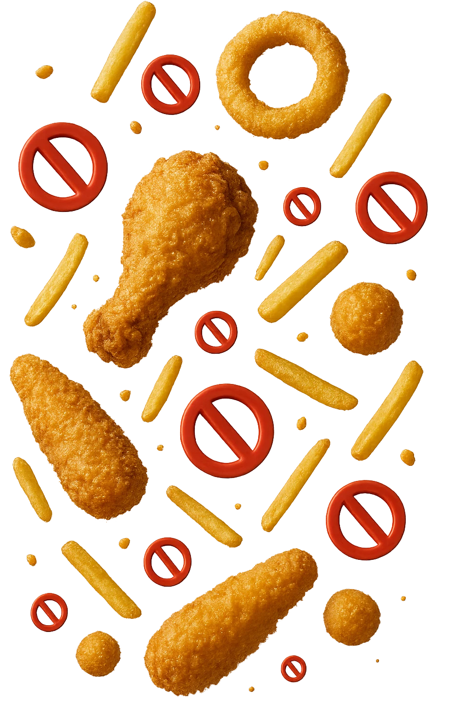cibi fritti cadono verticalmente dall'alto con piccoli divieti in 3d, iperrealistico 4k emoji