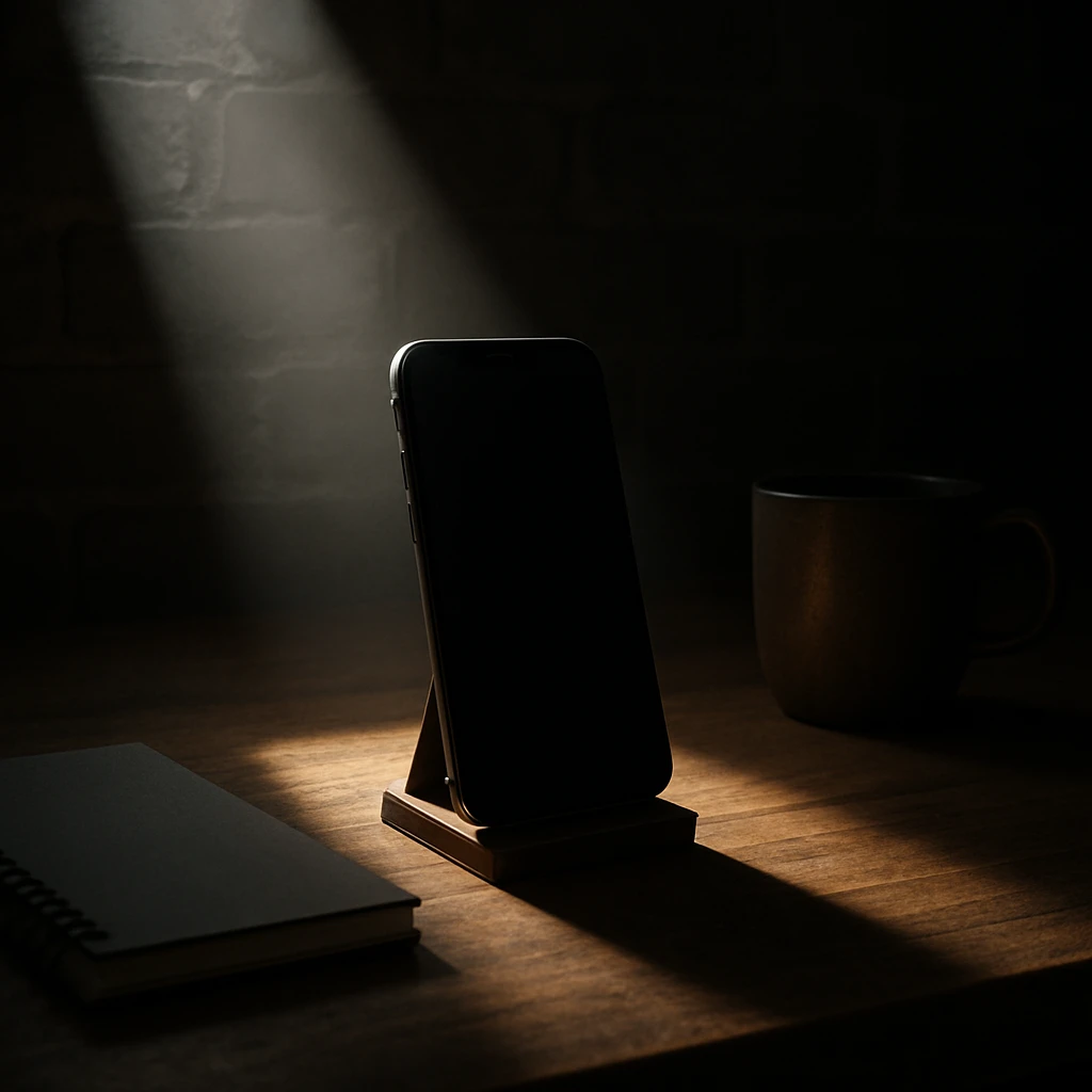 dark room in loft style, iphone lies on a wooden table on a stand, next to it lies a notebook and a cup, a beam of light shines directly on it and on the table emoji