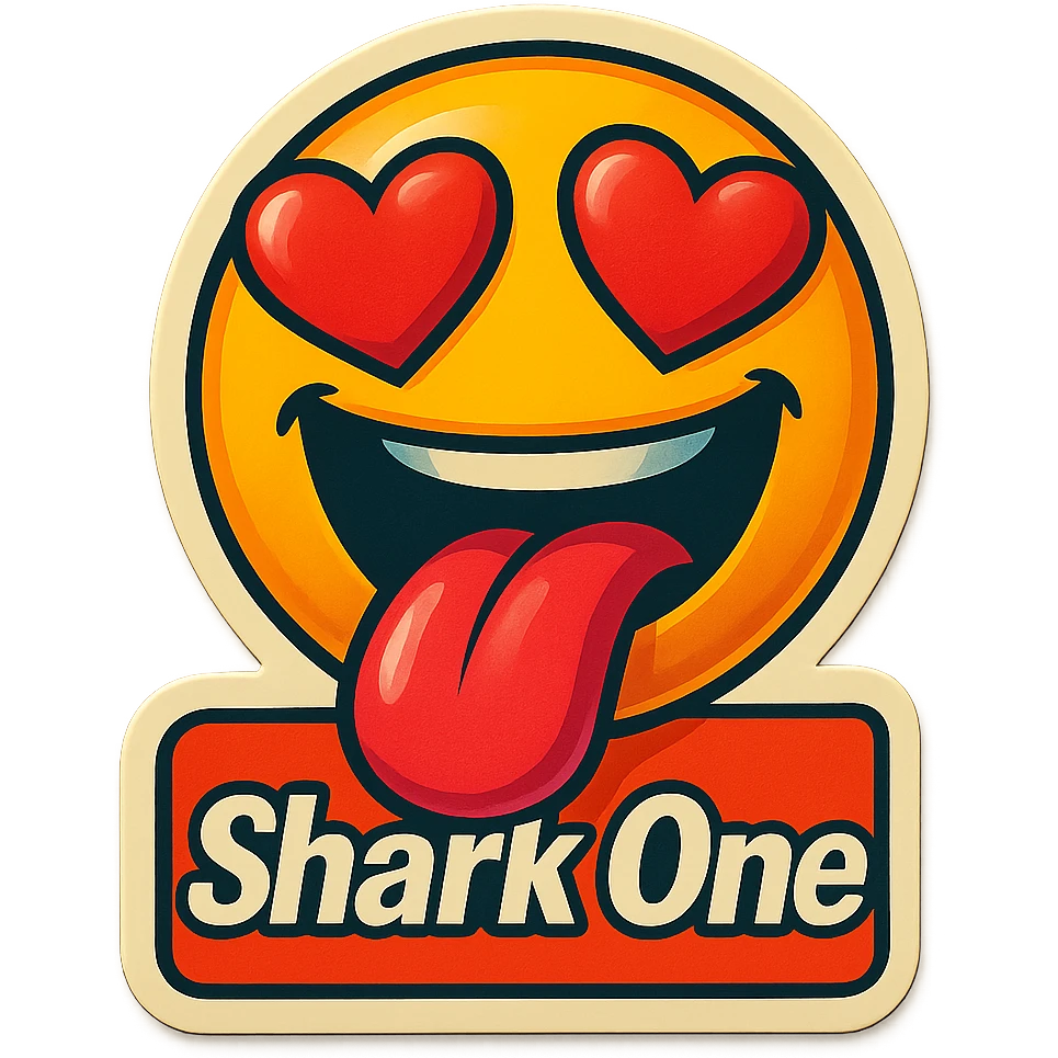 mouth open with tongue out heart shaped eye add the words “ Shark One " in White emoji