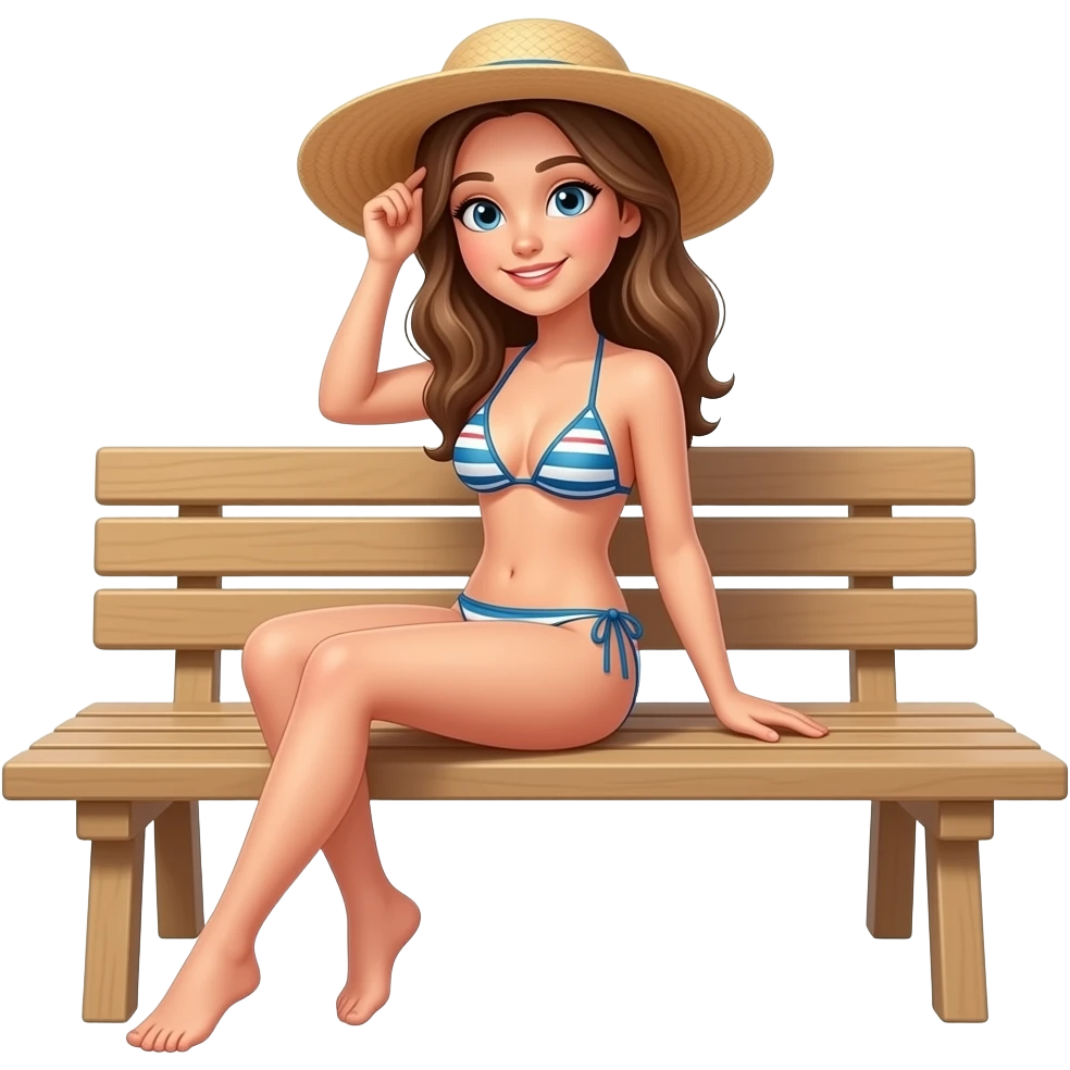 A bikini girl sitting on a beach bench and tanning emoji