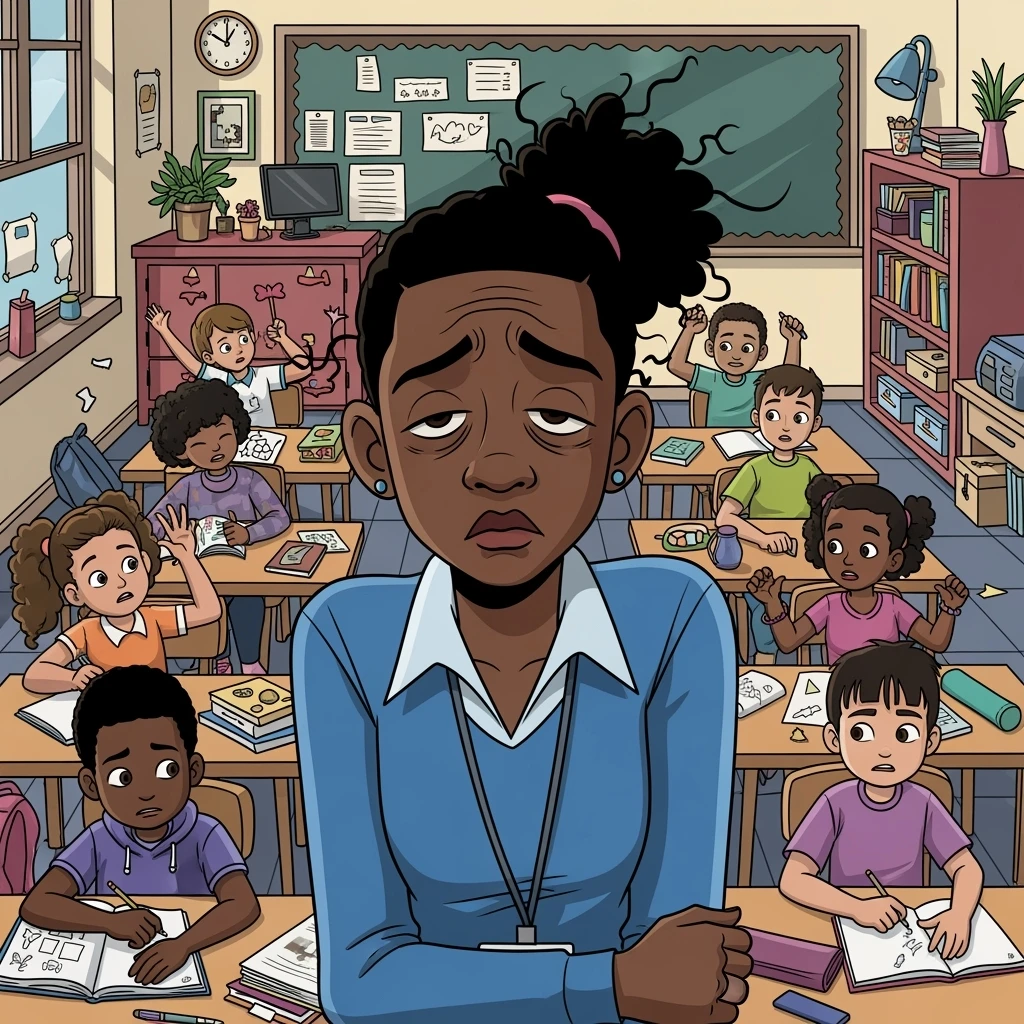 vector cartoon art of a exhausted teacher in a bustling classroom emoji