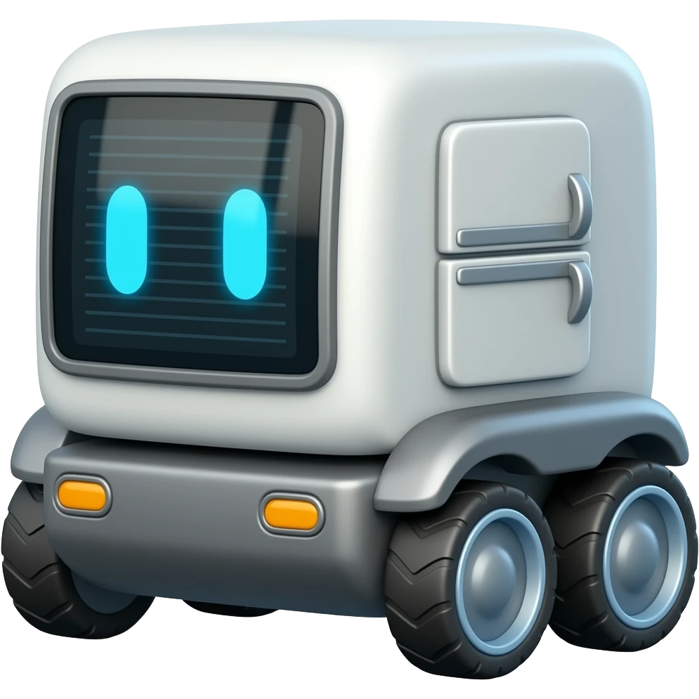 Solid rectangle Delivery robot with display showing blue eyes 6 wheels and fridge design emoji