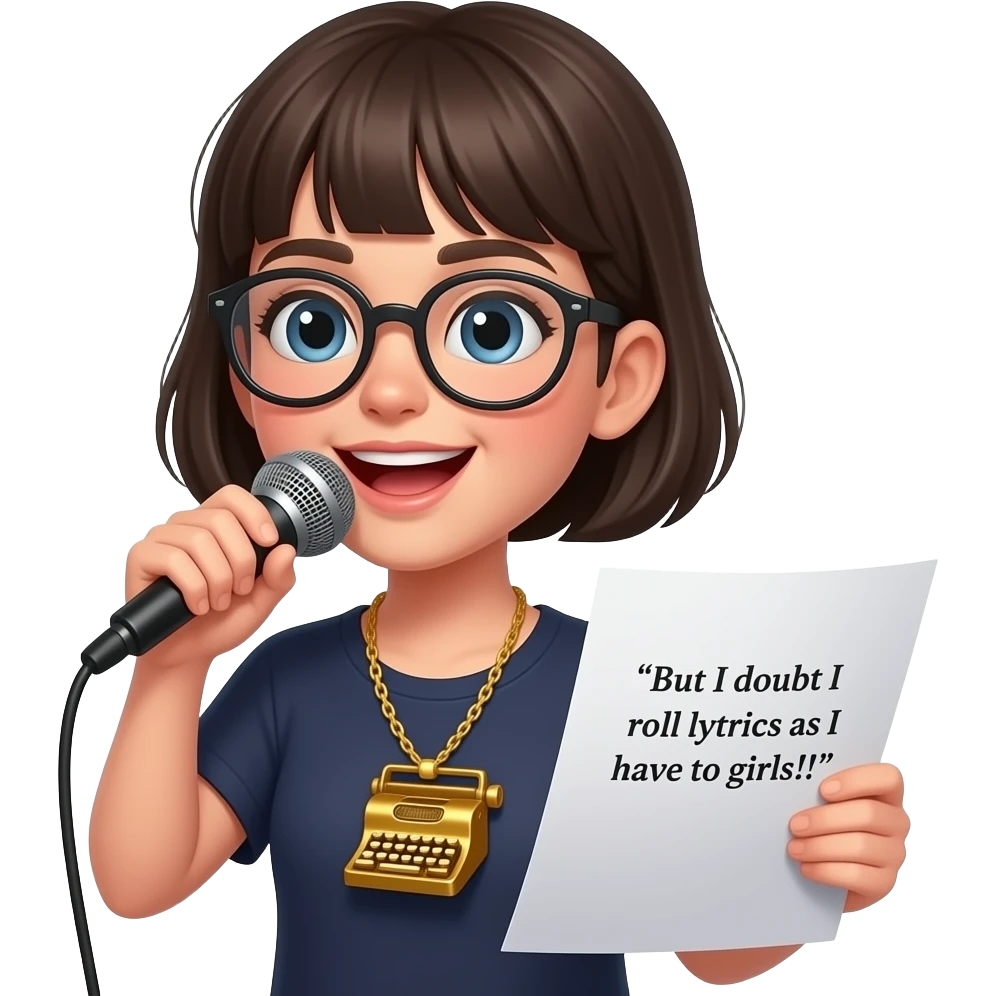 A nerdy girl with short hair rapping and wearing a golden stenography machine as a necklace. On her paper are the lyrics: "But I doubt I roll lyrics as I have to girls!!"
 emoji
