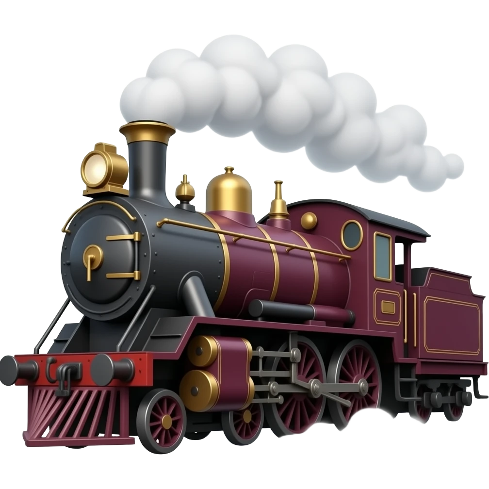 side view of a maroon steam train, classic emoji style, floating emoji