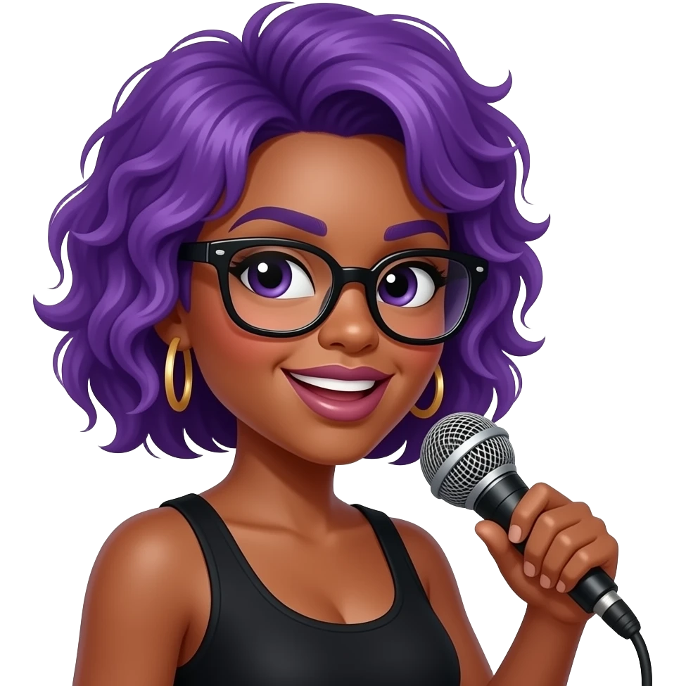 an afro singer lady hold a mic and wear eye glasses and her hairs in purple emoji
