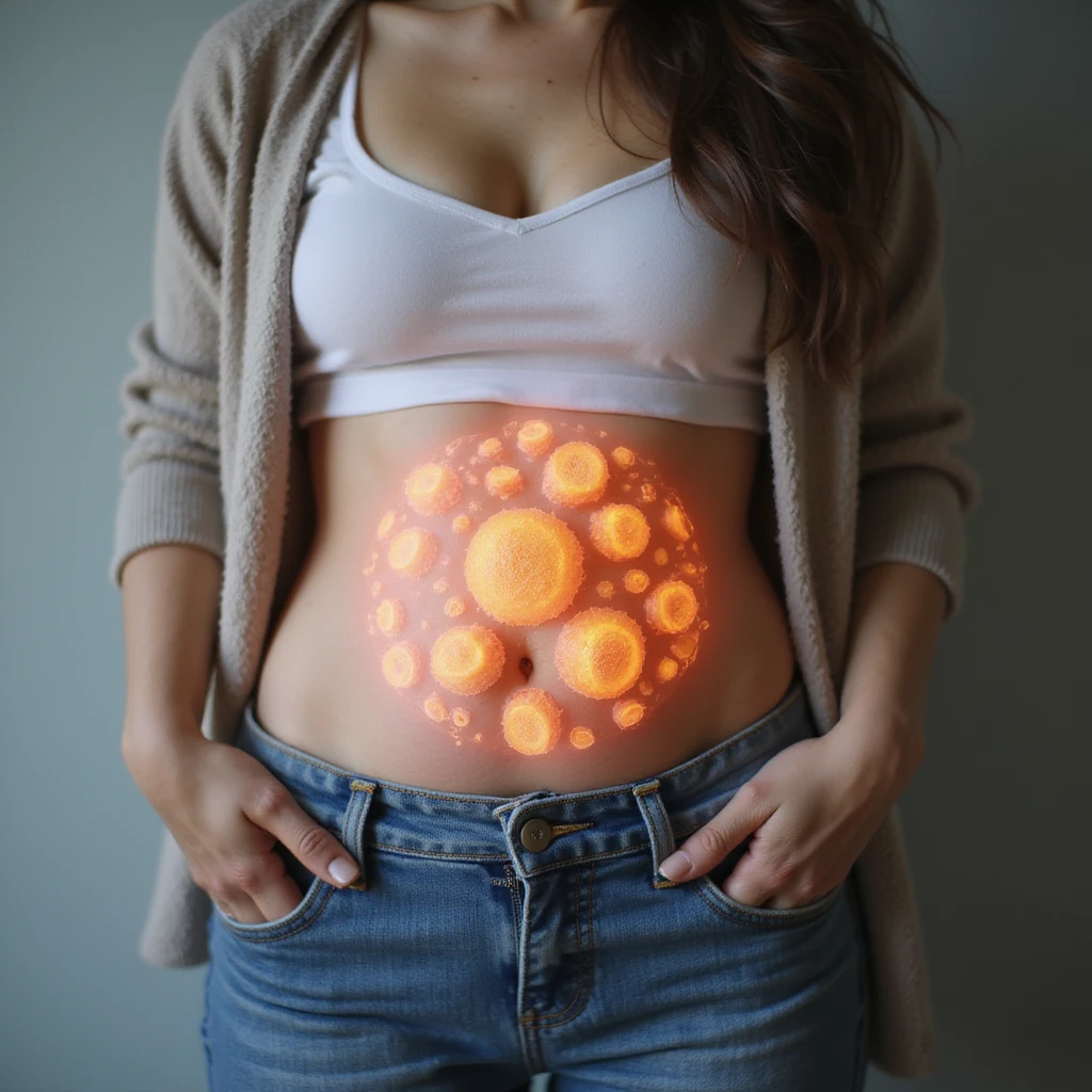 woman with PCOS in casual clothing with artistic transparency of healthy oocytes overlapping her abdomen, bright and reassuring colors, realistic photography emoji