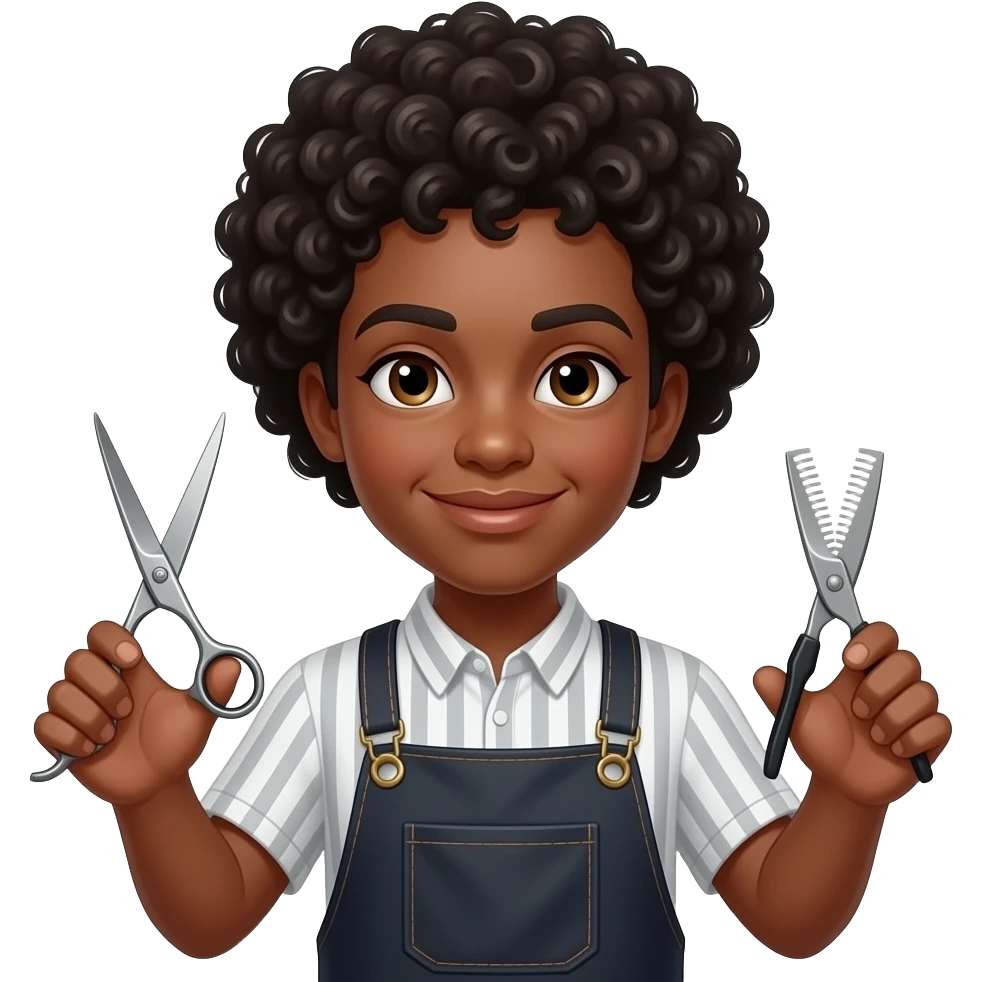 Light skin with curly Afro in a barber apron with shears and barber clippers emoji
