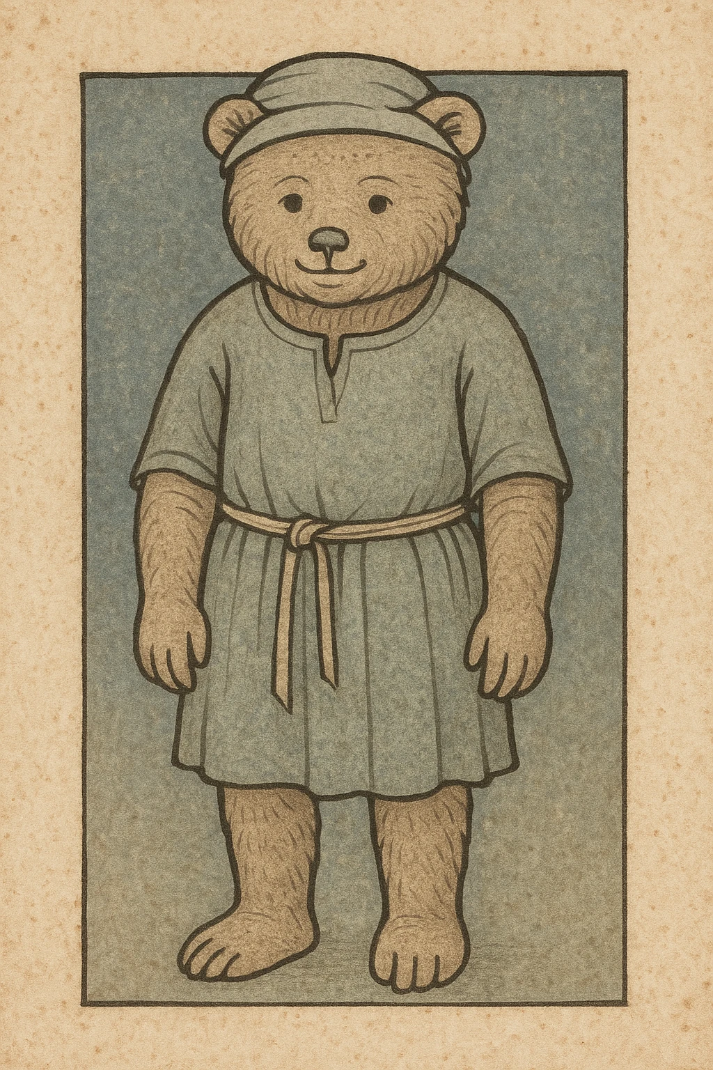cute bear dressed as a medieval peasant, soft features, friendly expression, simple rustic clothing, standing pose emoji