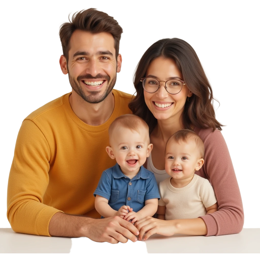 closeup front angle shot of a smiling family with parents and two children, realistic textures, soft lighting, skeuomorphism style emoji