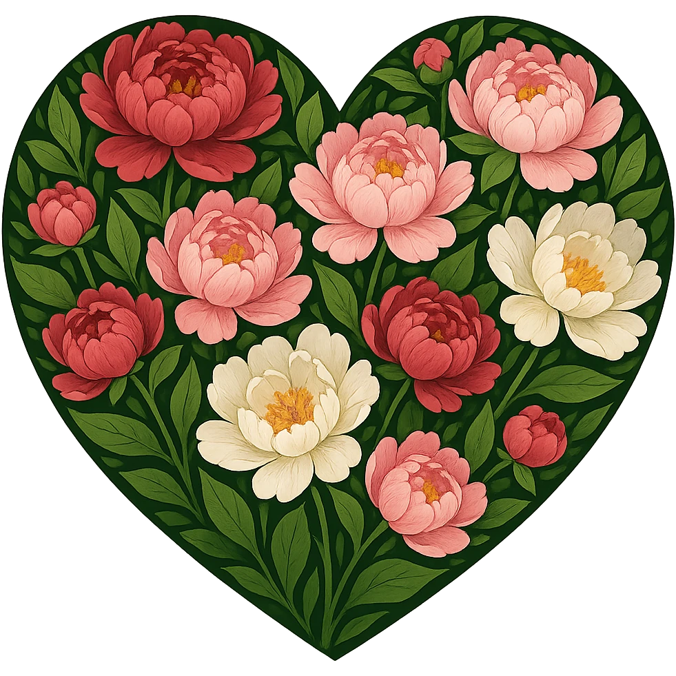 heart with a vibrant peony garden, clean digital illustration emoji