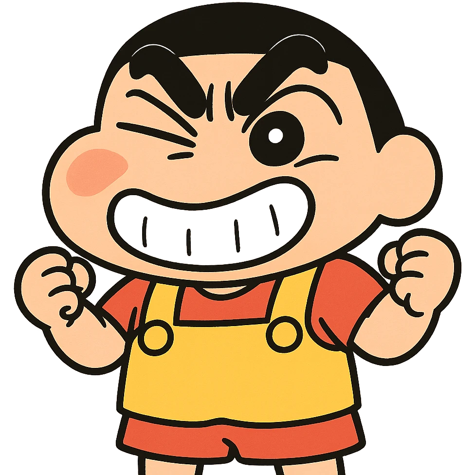 Shinchan cartoon style emoji sticker, angry and happy expressions combined, iconic black hair, red shorts, yellow overalls, simple solid or gradient background, 500x500px, transparent PNG, optional brief text description emoji