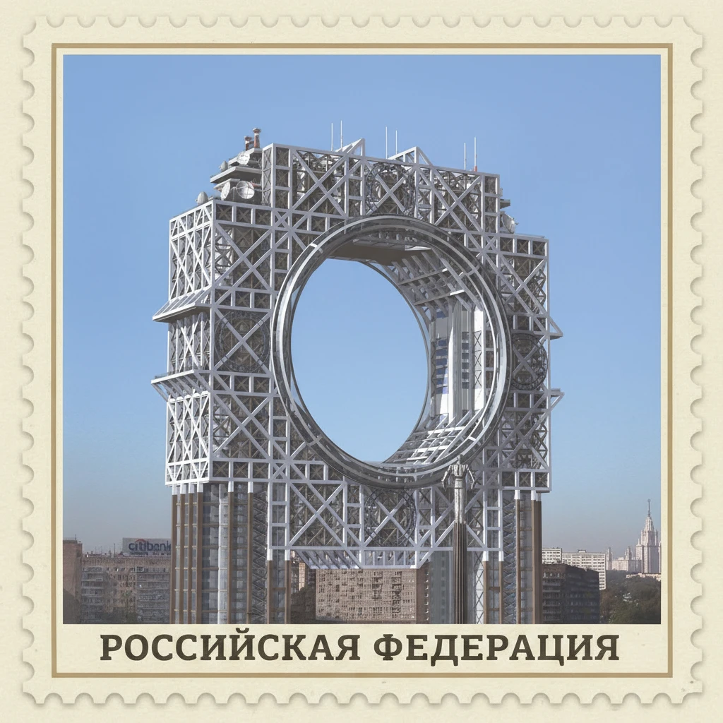 Стилизуй изображение здания под марку как на первом фото

100 из правого верхнего угла убери и герб СССР из левого верхнего угла убери emoji