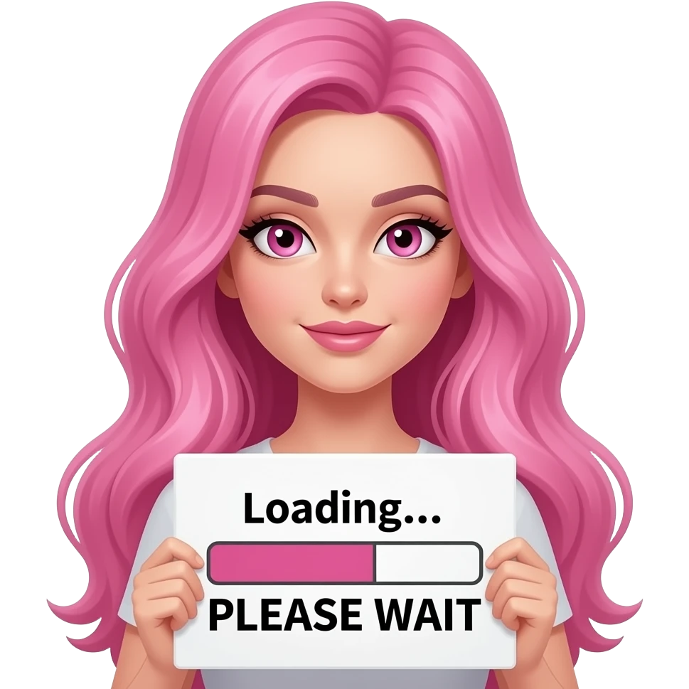 sexy girl with long pink hair and pink eyes holding a SARCASTIC comment loading... PLEASE WAIT sign emoji