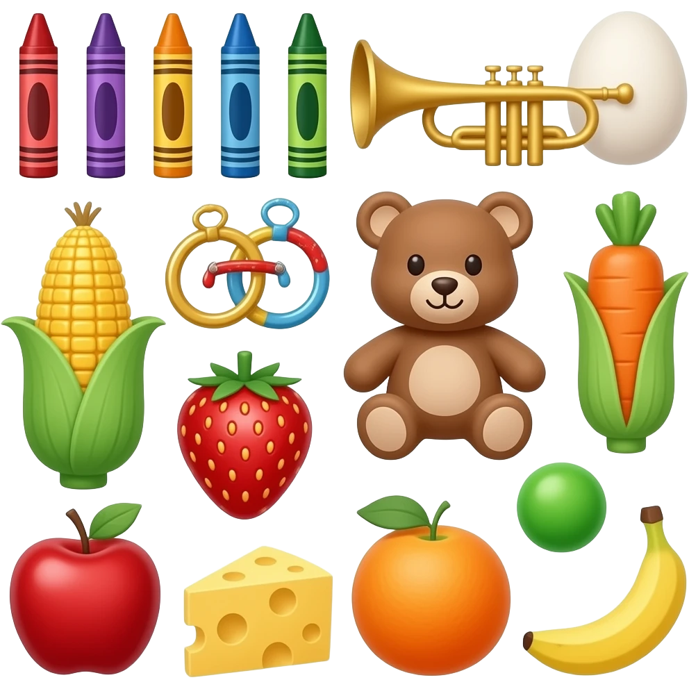 Toys: Doll, paints, puzzle, rings, blocks, drum, crayons, trumpet, teddy bear, and ball. Food: egg, corn, strawberry, carrot, pea, apple, cheese, jelly, orange, banana, emoji