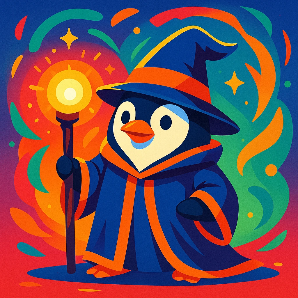 penguin wizard with magical staff, fantasy theme, vibrant colors emoji