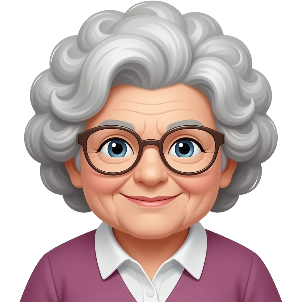 Silly old lady, curly gray hair, glasses, chubby emoji