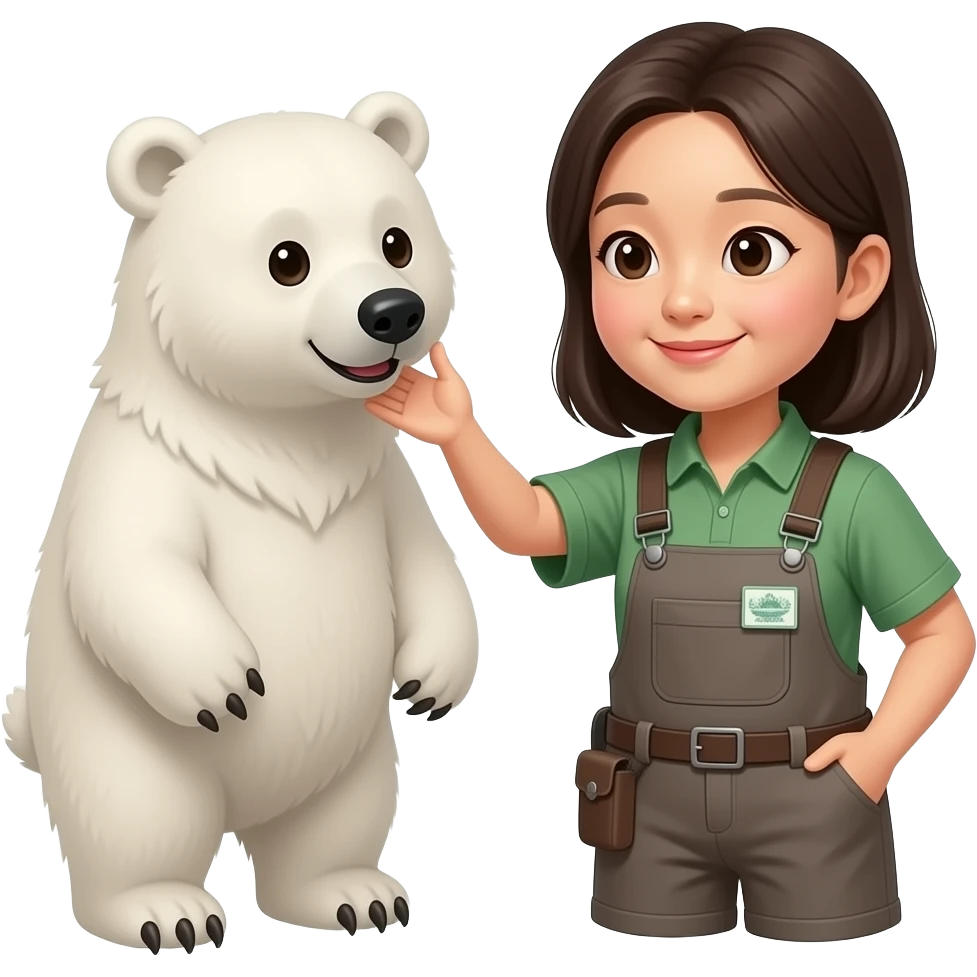 korean woman zookeeper for one white bear and one grizzly bear ( same height bears) affectionate to the zookeeper emoji