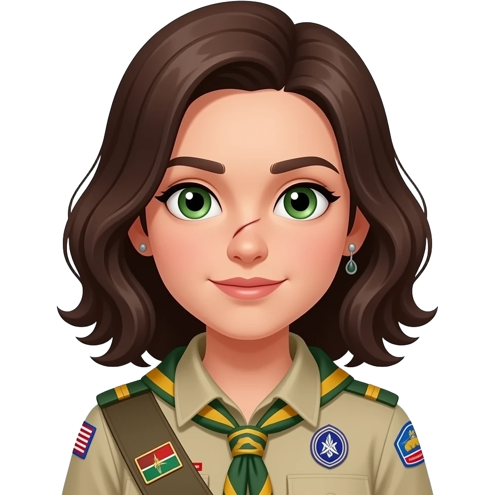 draw a girl in scout uniform with wavy hair and green eyes and a scar on her nose she has also some earrings and the hair is flat emoji