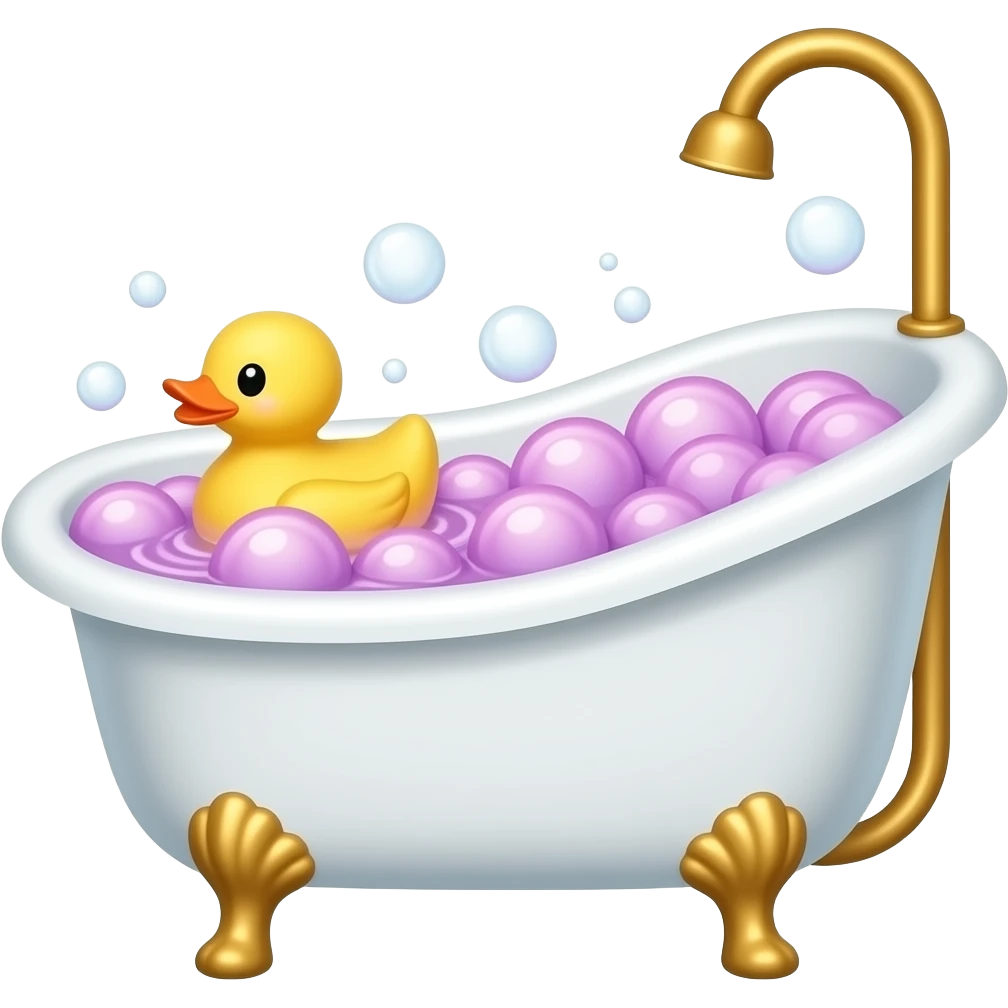 Bath tub with a small rubber duck on the pink and purple mix bubble water emoji emoji