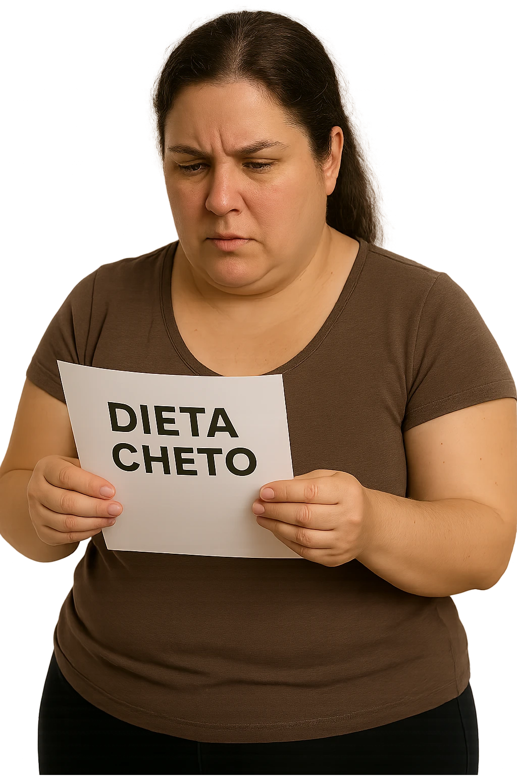donna realistica leggermente in sovrappeso che legge un foglio con la scritta "dieta Cheto", sfondo bianco, iperrealistica 4k, IPERREALISTICA 4K emoji