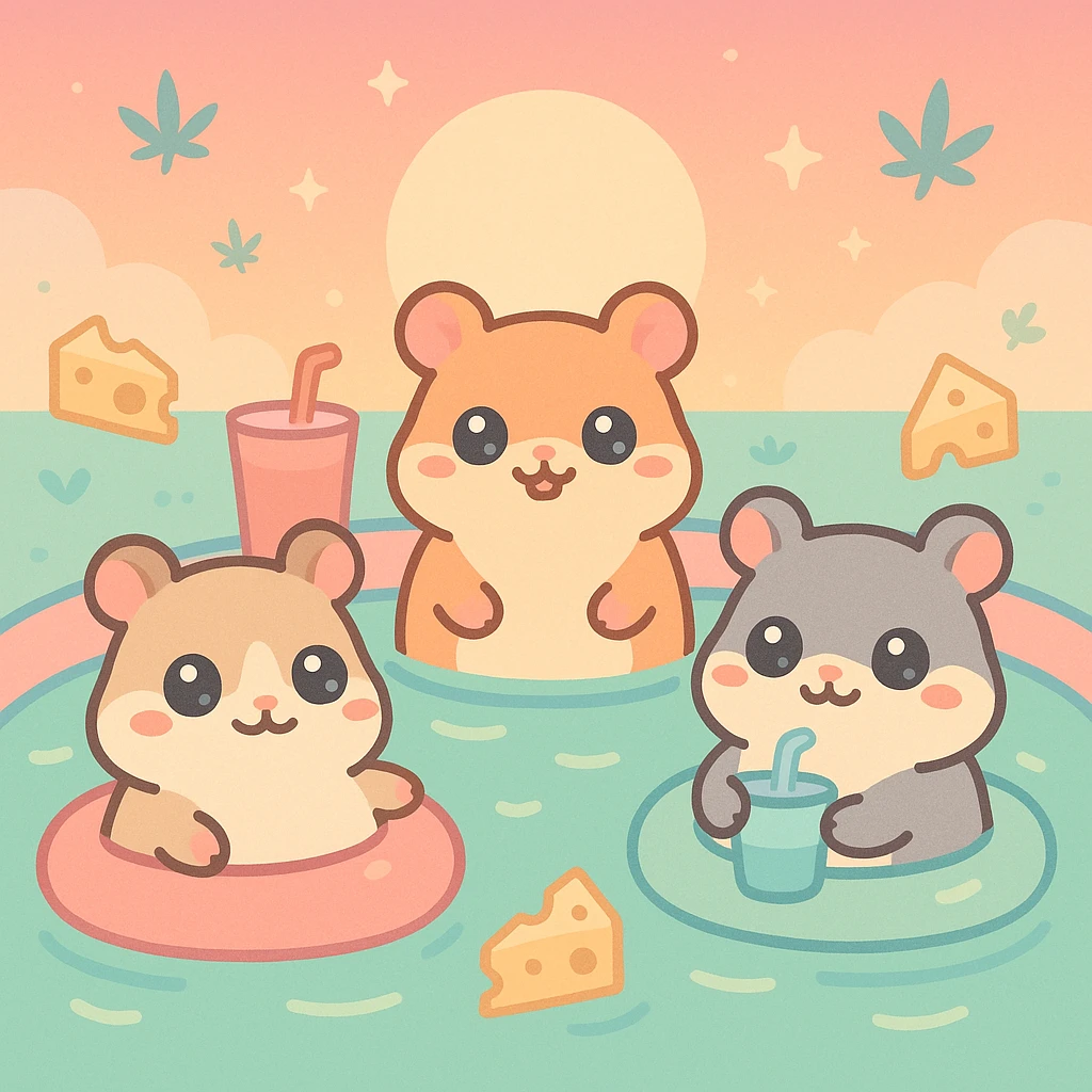 Discord server icon, square, super cute pool party at sunset with up to 3 hamsters, weed, cheese, THC theme, no disco ball, vaporwave style, pastel neon colors, dreamy gradients, sparkles, nostalgic, fun, inviting, summer party vibe, clear composition emoji