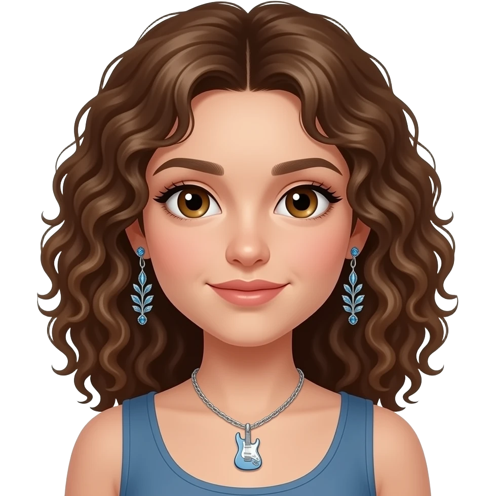 curly brown haired 21 year old girl with brown wide almond eyes, a soft greek nose, oval face with strong chin and jawline. accessories : sparkling blue herbarium studd earrings by pnadora, and electric guitar silver necklace, completely silver emoji