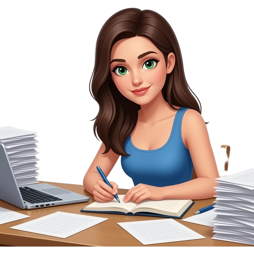 a brunette with long straight hair green eyes writing down notes with a lot of pieces of paper around her scattered everywhere on the table (in a very disorganized way and a laptop in front of her and shes very focused) and she has a blue skims top with lots of paper emoji