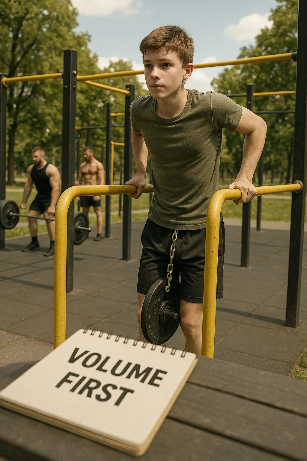 Atleta neofita giovane in un parco attrezzato per streetlifting, fisico ancora in fase iniziale. È intento a eseguire molte ripetizioni di esercizi a corpo libero con pesi leggeri (zavorra moderata), come trazioni e dip su parallele. Accanto a lui un taccuino di allenamento con la scritta 'Volume First'. L’atmosfera è luminosa e motivante, con altri atleti più muscolosi che sollevano carichi pesanti, ma lui è concentrato sul gesto tecnico e sulla costanza. Stile realistico, colori naturali, messaggio educativo su priorità all’adattamento progressivo e al volume. emoji