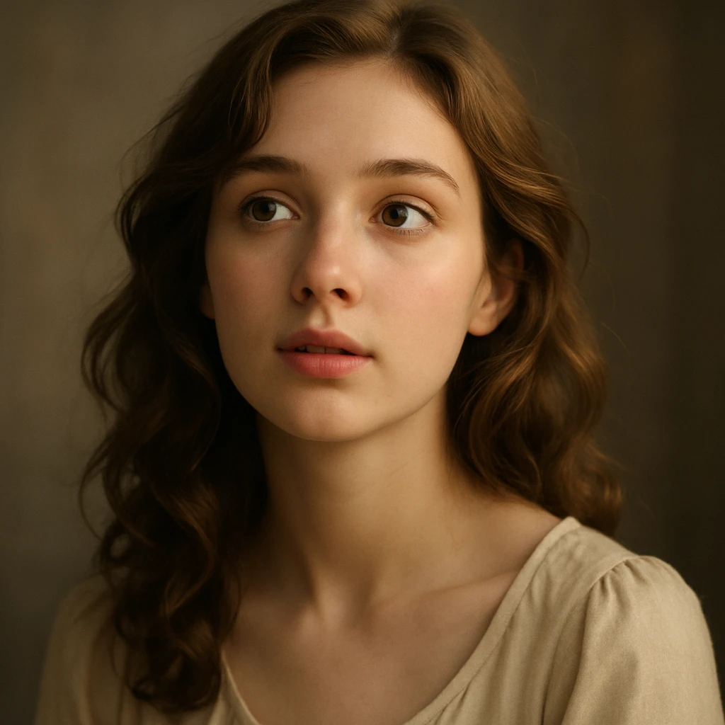 a beautiful girl with a thoughtful, wondering expression, soft lighting, gentle features, elegant hair, visually appealing, portrait emoji