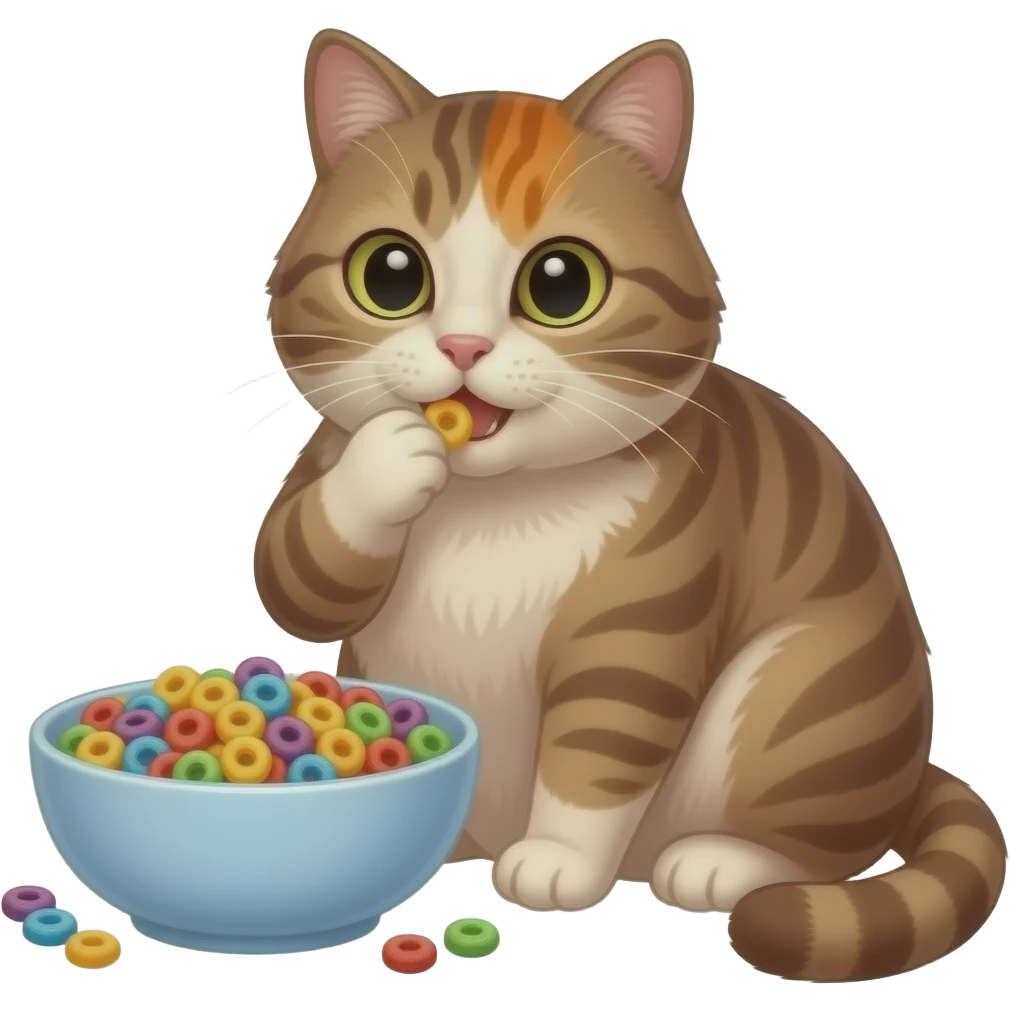 Fat Brown and cream color tabby cat with orange spot on forehead. Eating a bowl of froot loops cereal emoji